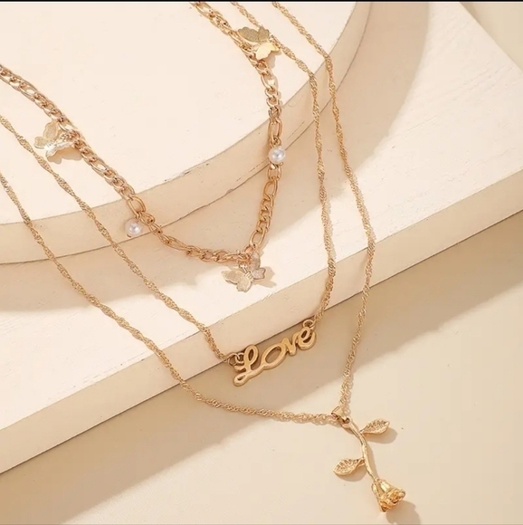 NWT Gold Plated Butterfly Rose Flower English Letter Multi-layer Necklace - Picture 3 of 7